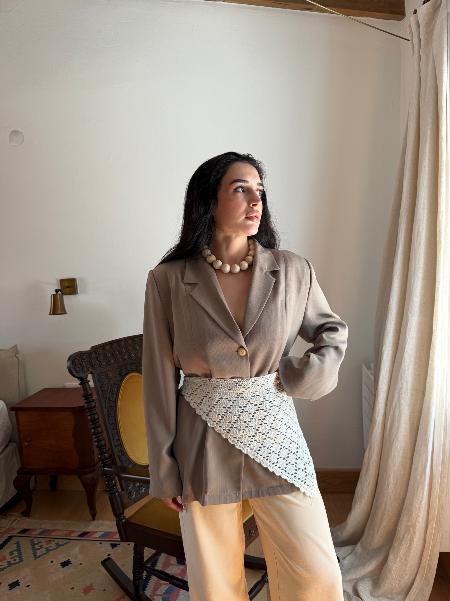 Vintage el örgü bel aksesuarı bej