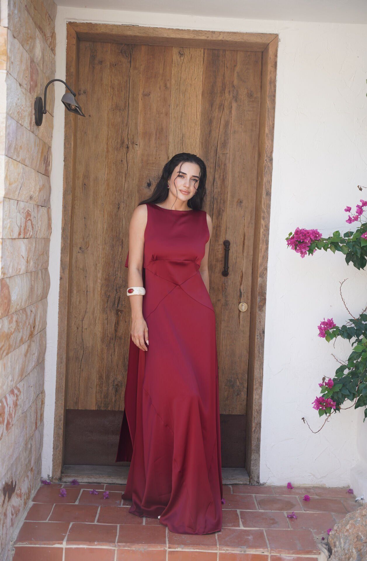 Sırt Dekolteli Saten Abiye Elbise Bordo - L