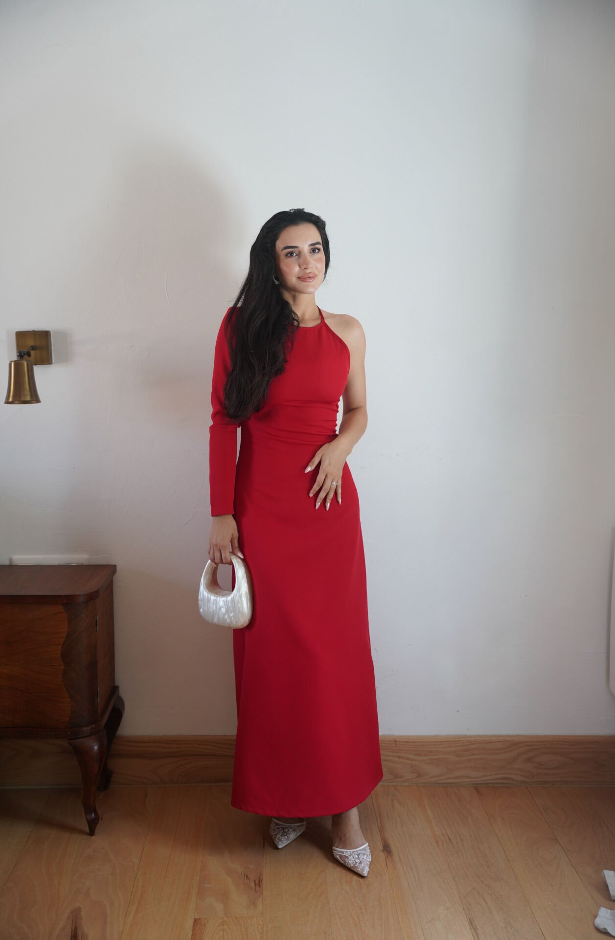 Tek omuzlu asimetrik kesim elbise Kırmızı - L