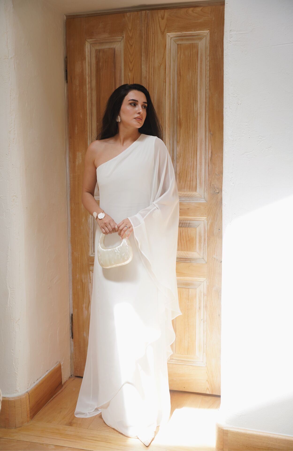 Tek Omuz Tül Elbise Beyaz - L