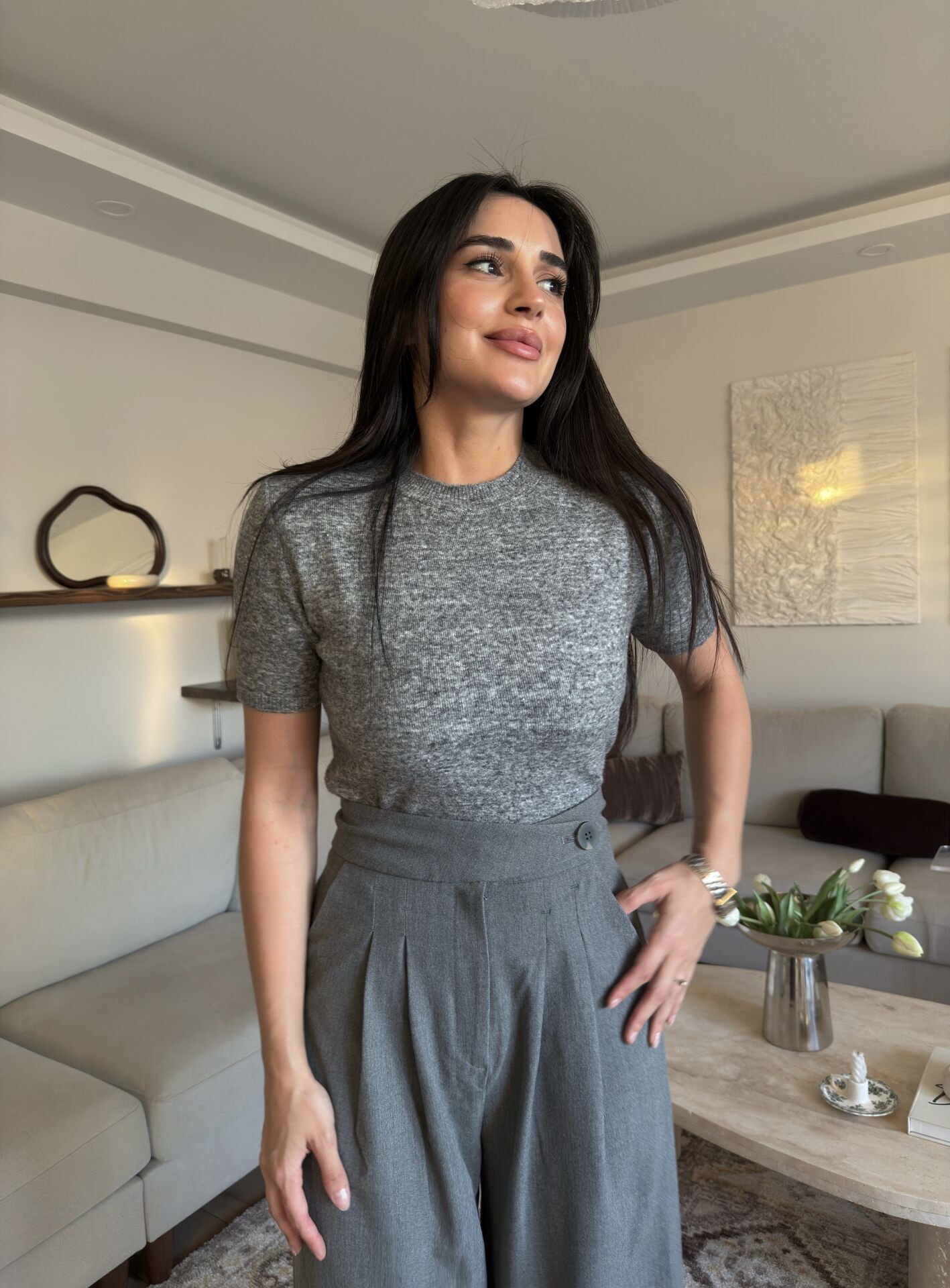 Kısa kollu kazak Gri kırçıllı - STD