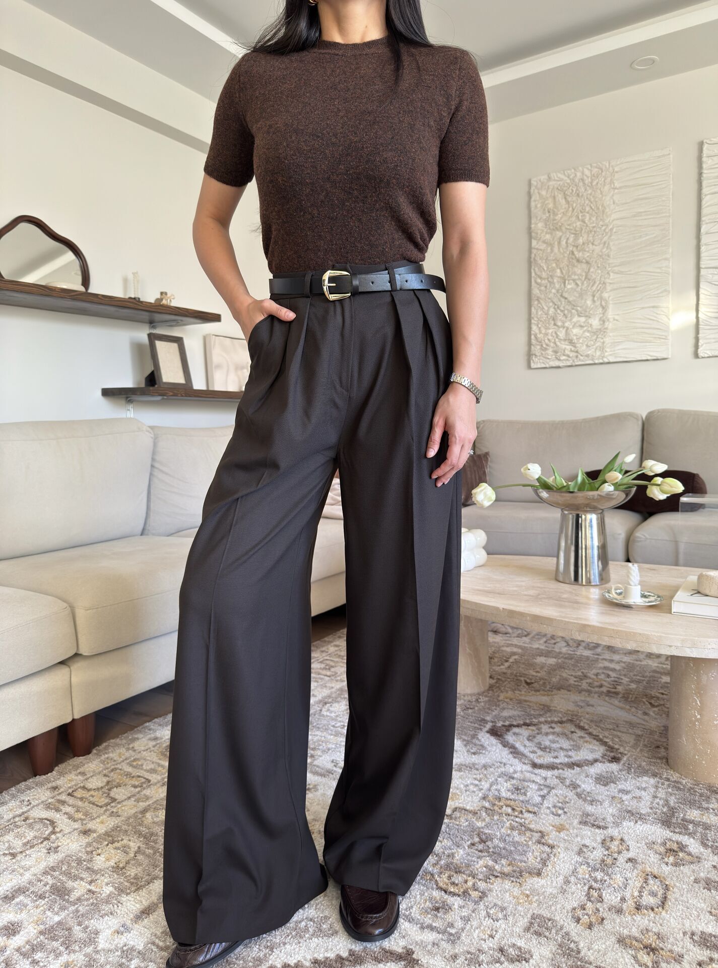 Kemerli Pileli Palazzo Pantolon Kahverengi - XL