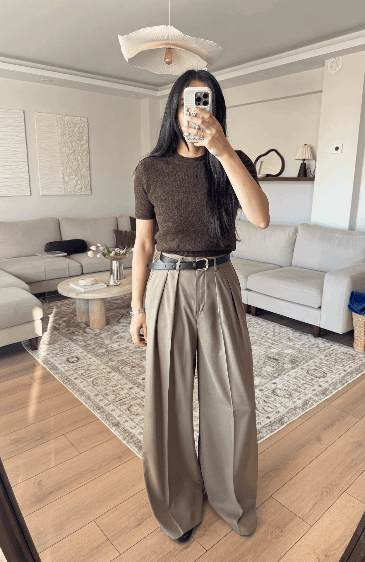 Kemerli Pileli Palazzo Pantolon Vizon - XL