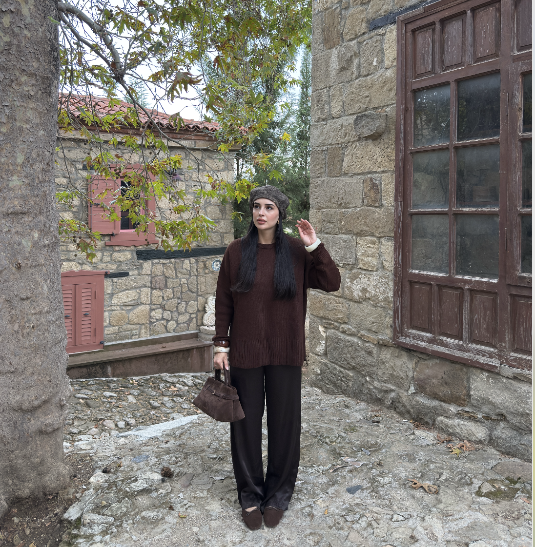 Dokulu  Yan Yırtmaçlı Triko Kahverengi - STD