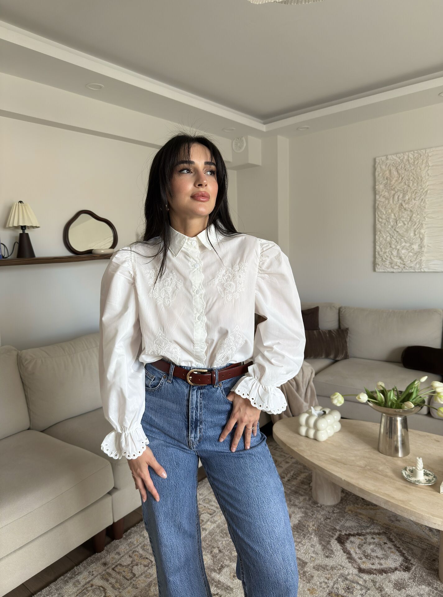 Nakışlı Balon Kol Vintage Gömlek L - Beyaz