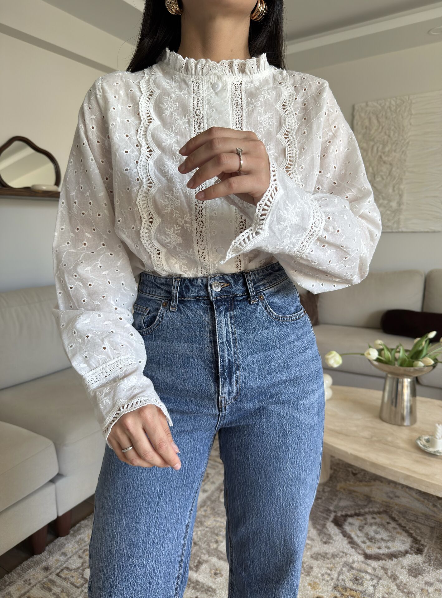 Dantel detaylı Vintage pamuk gömlek S - Beyaz