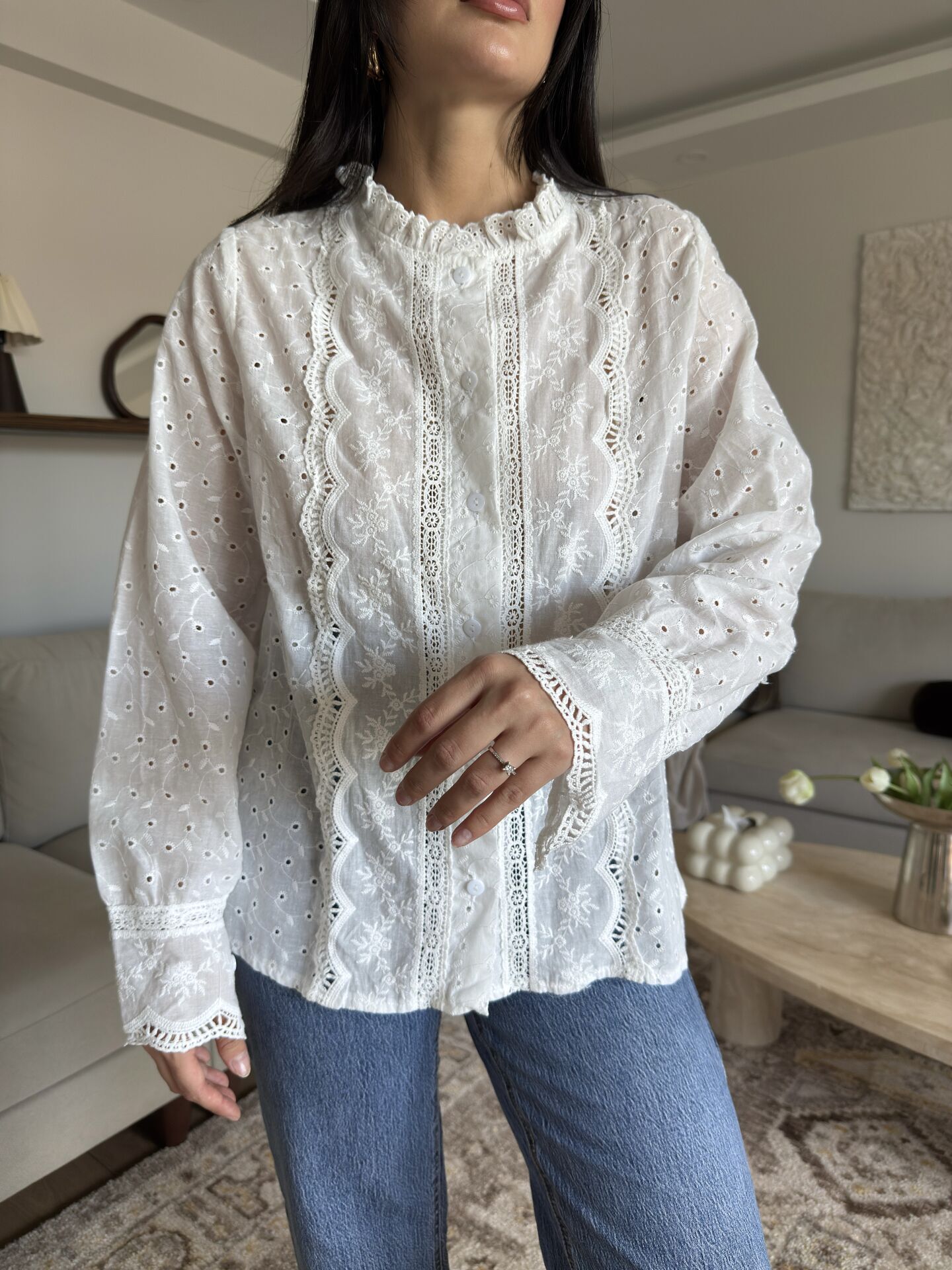 Dantel detaylı Vintage pamuk gömlek L - Beyaz