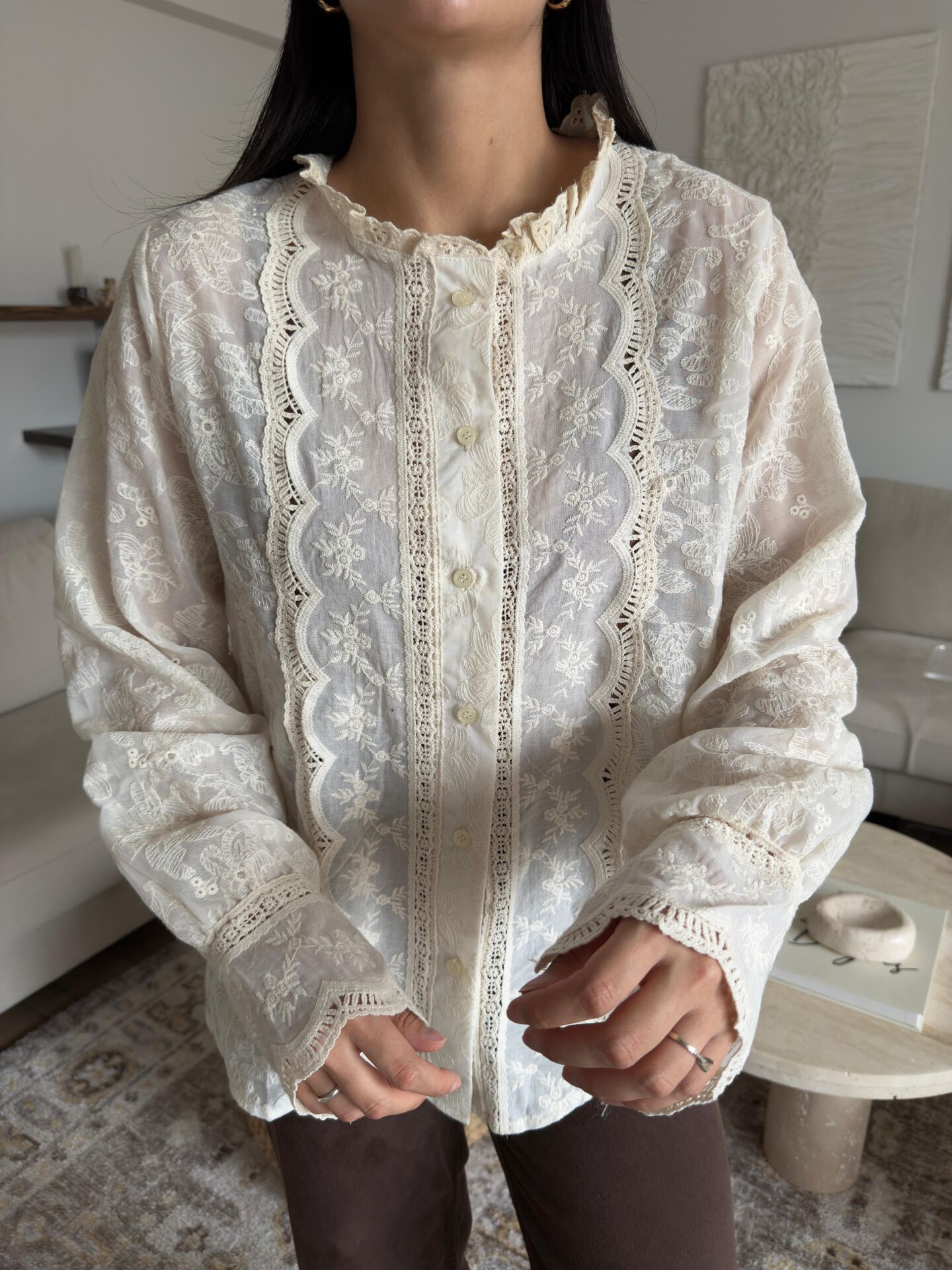 Dantel detaylı Vintage pamuk gömlek bej - L