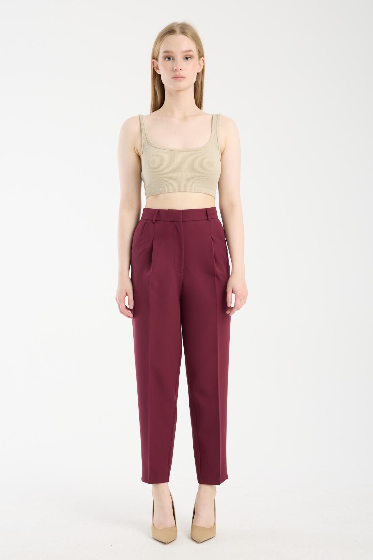 Havuç kesim pileli pantolon Bordo - 42