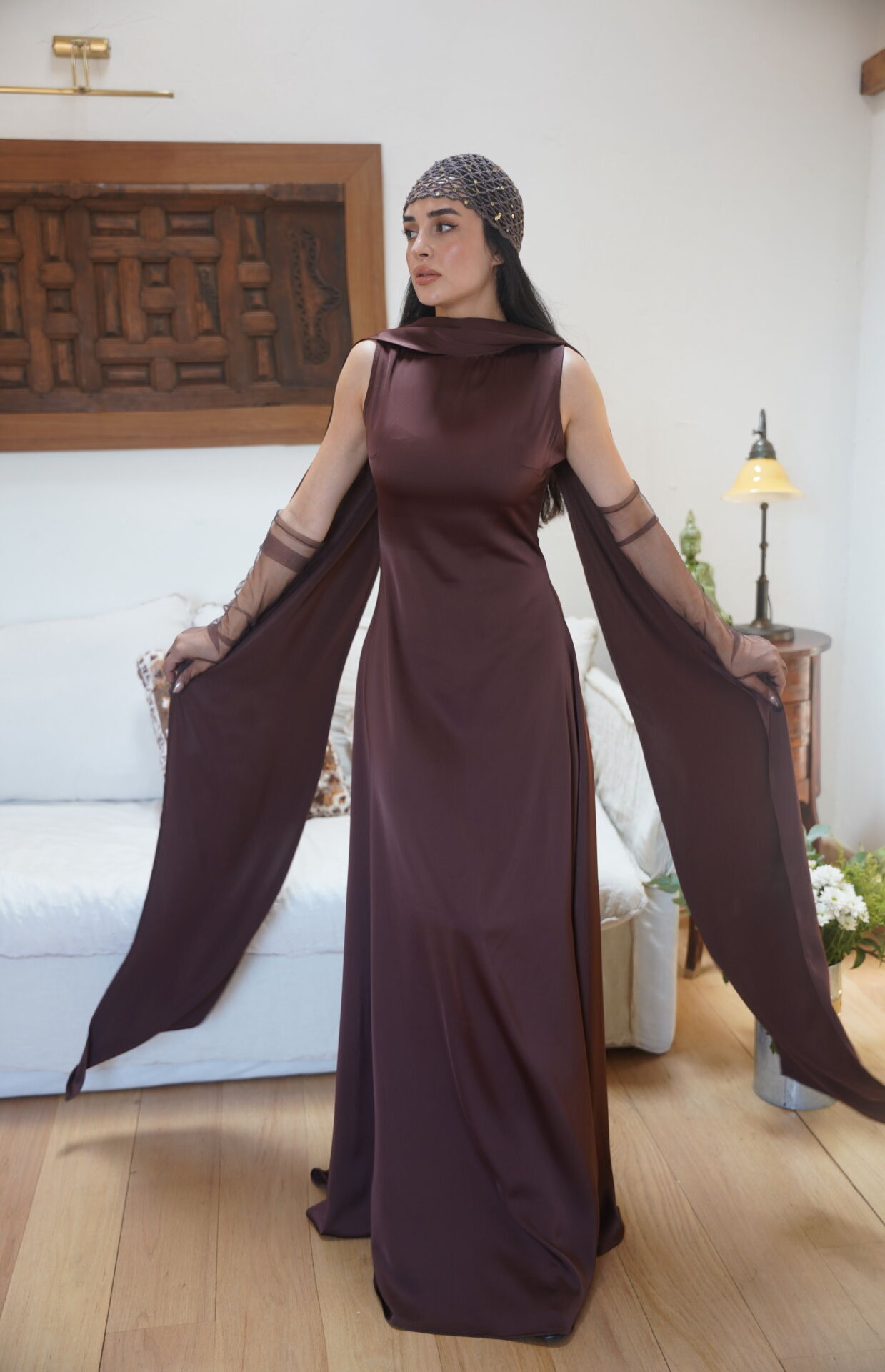 İki kuşaklı kolsuz elbise Kahverengi - XL