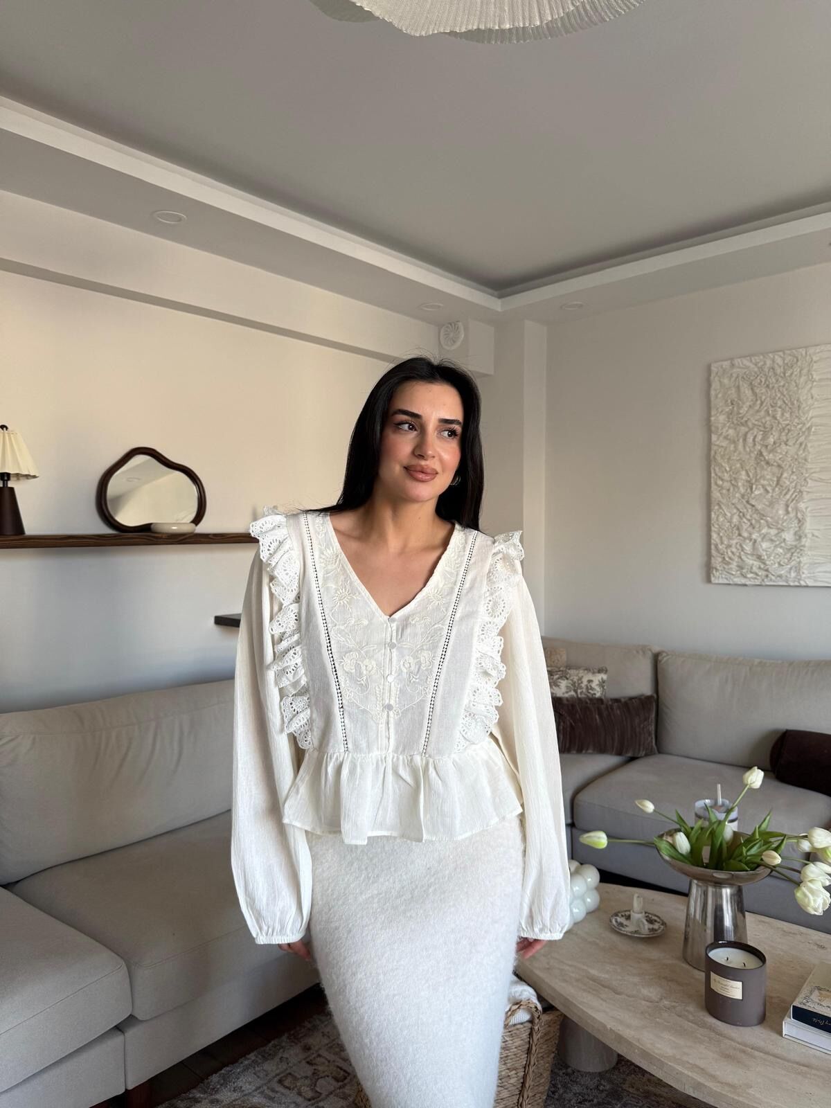 Vintage düğmeli bluz Beyaz - L