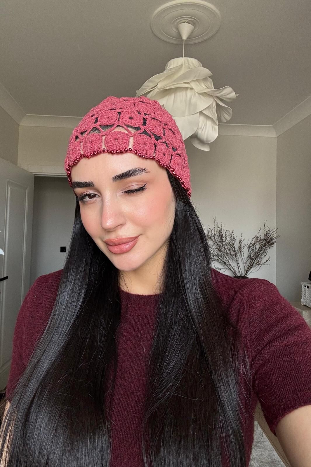 Çok işlemeli el emeği kafa aksesuarı Gül kurusu