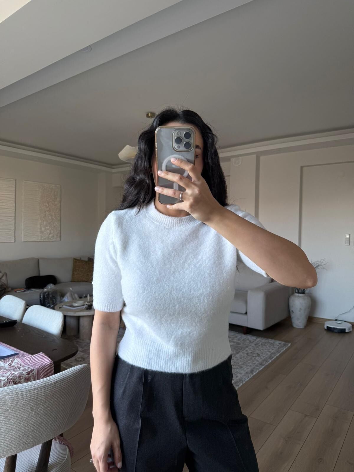 Kısa kollu bisiklet yaka triko bluz kemik - STD