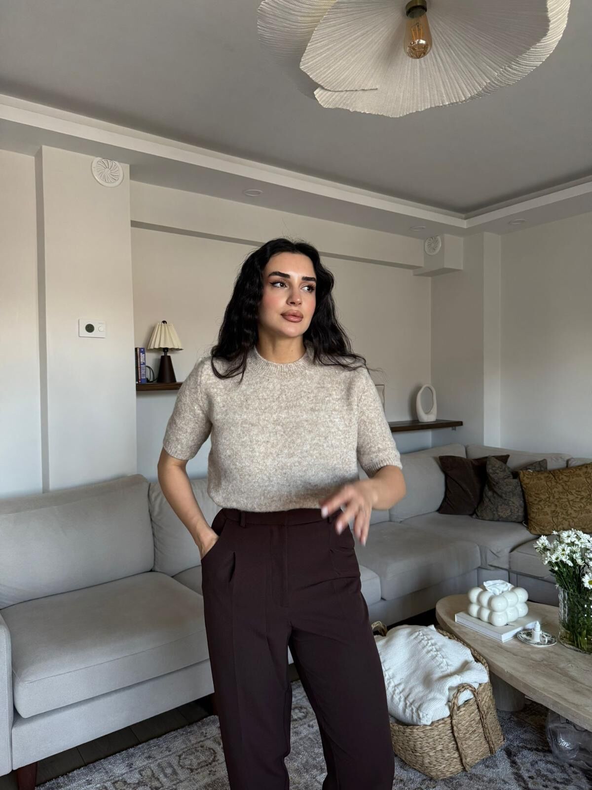 Kısa kollu bisiklet yaka triko bluz taş - STD