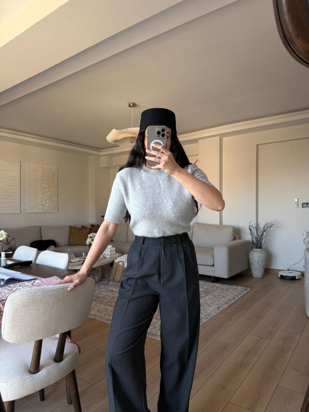 Kısa kollu bisiklet yaka triko bluz gri - STD