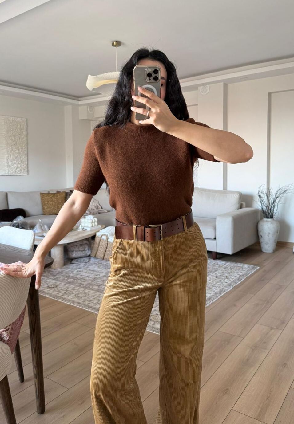 Kısa kollu bisiklet yaka triko bluz Kahverengi - STD