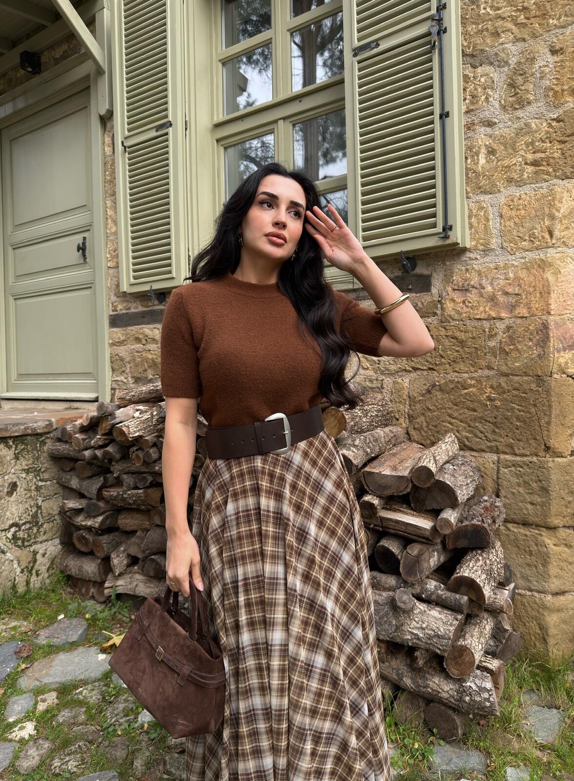 Kısa kollu bisiklet yaka triko bluz Kahverengi - STD