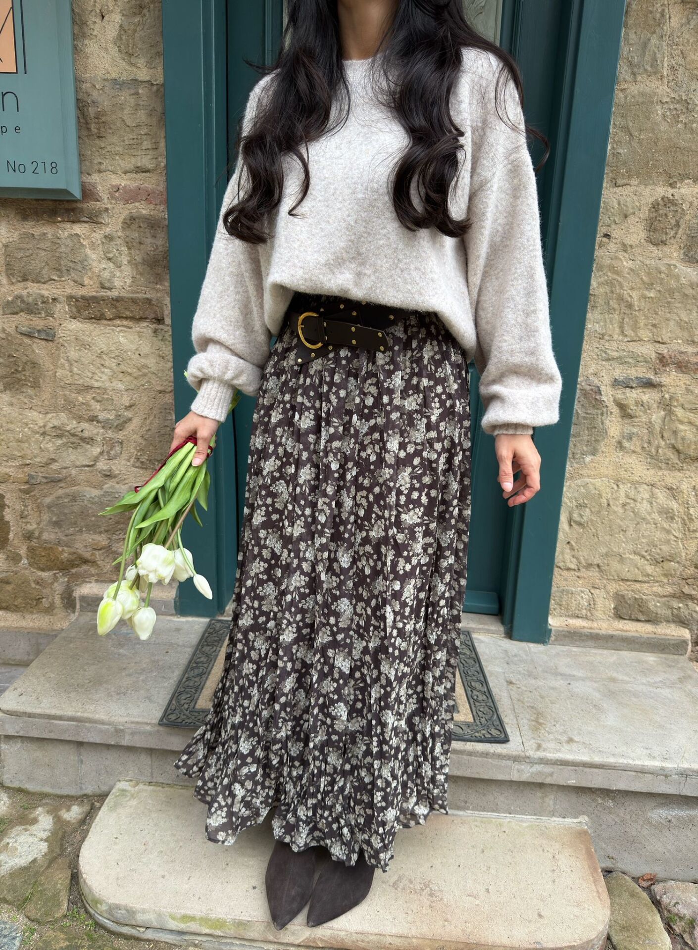 Kemerli çiçekli şifon etek L - Yeşil