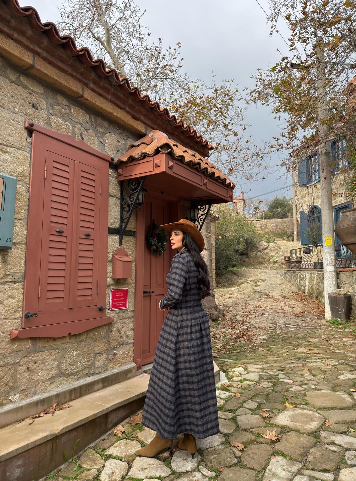 Ekoseli gömlek elbise lacivert vizon - S