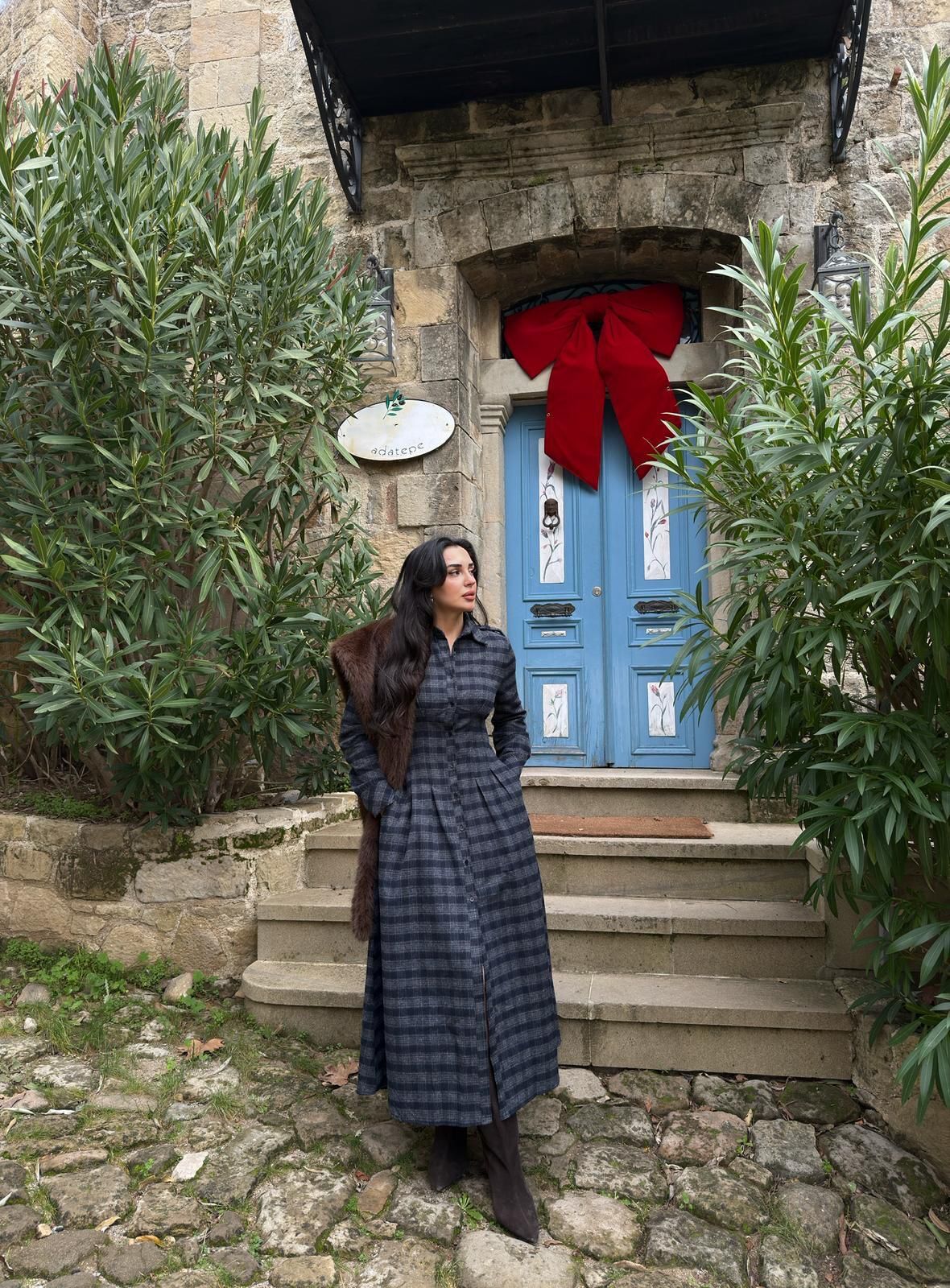 Ekoseli gömlek elbise lacivert gri - S