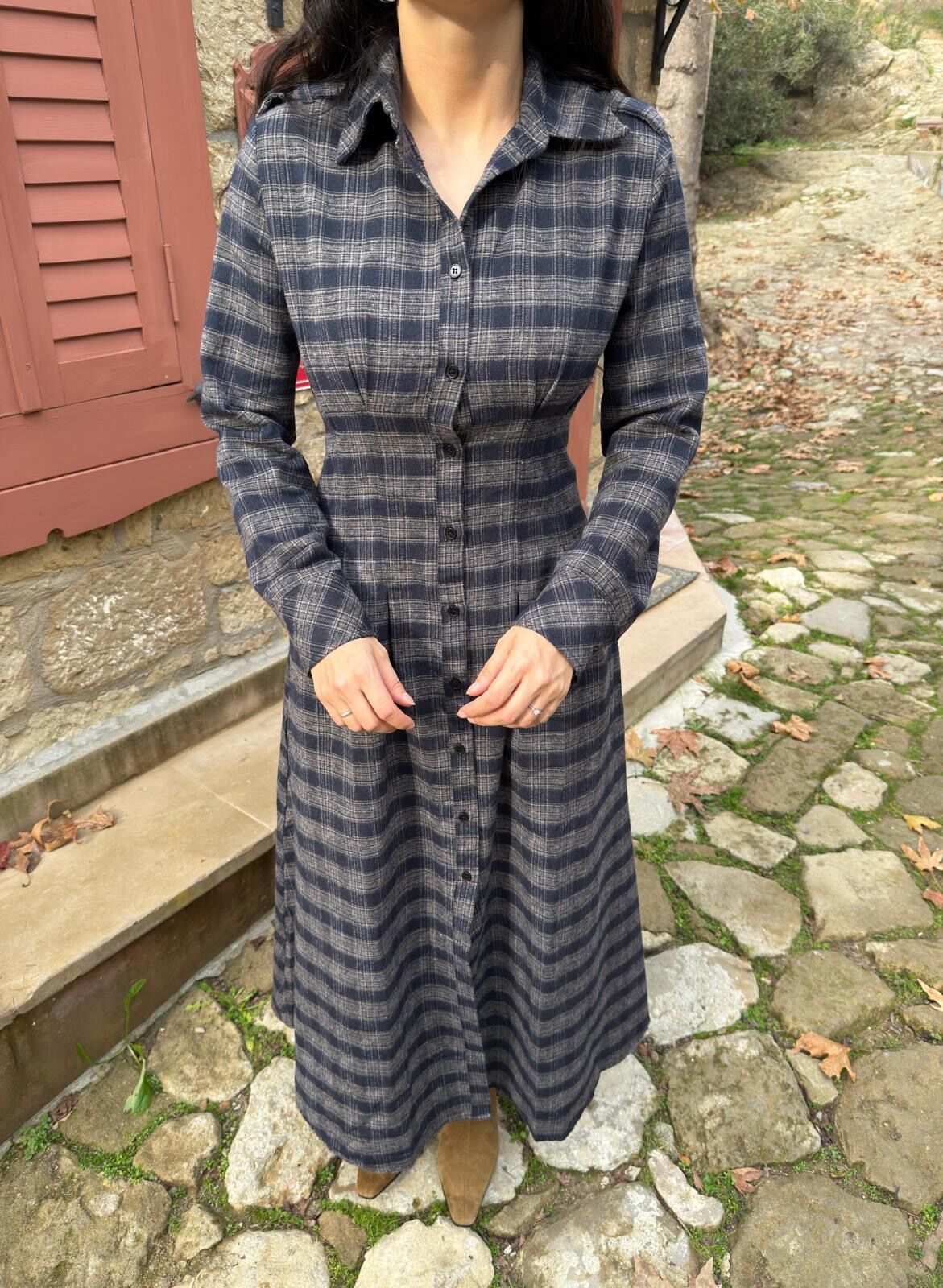 Ekoseli gömlek elbise lacivert vizon - M