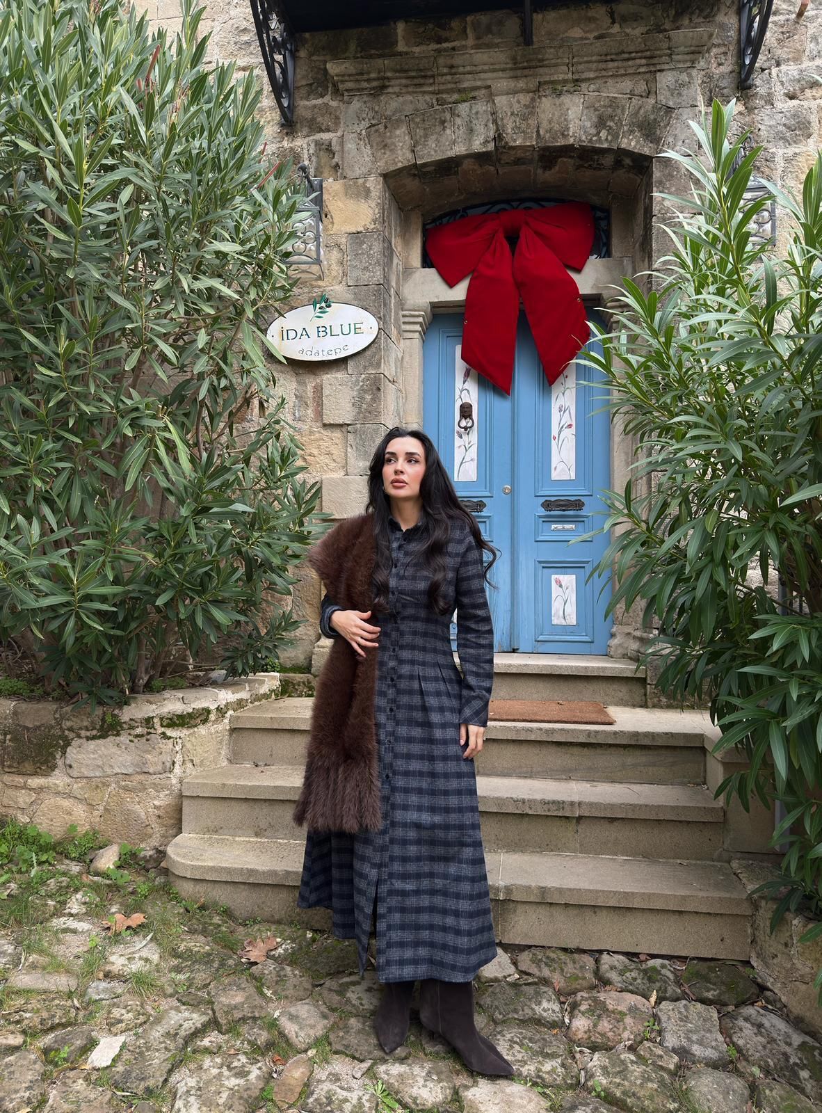 Ekoseli gömlek elbise lacivert gri - L