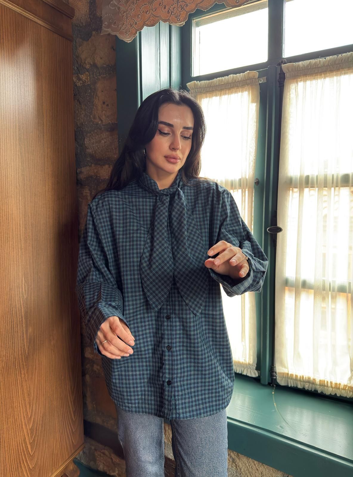 Boyundan fularlı ekose gömlek - yeşil Yeşil - L