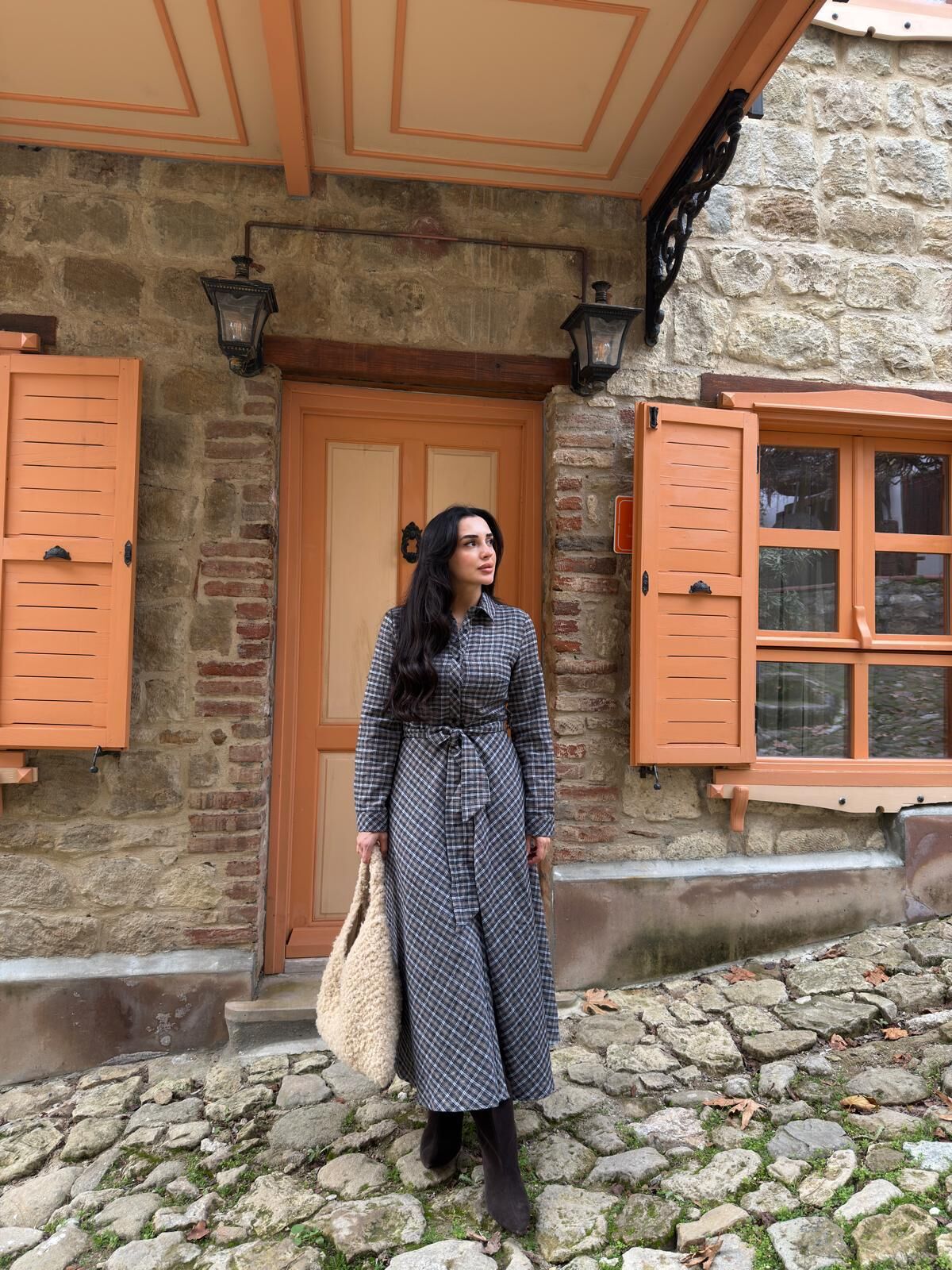 Ekose bel kuşaklı gömlek elbise L - Lacivert/vizon