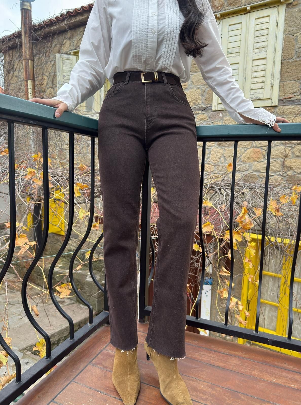 Kemerli kesik paça likralı jean 36 - Kahverengi