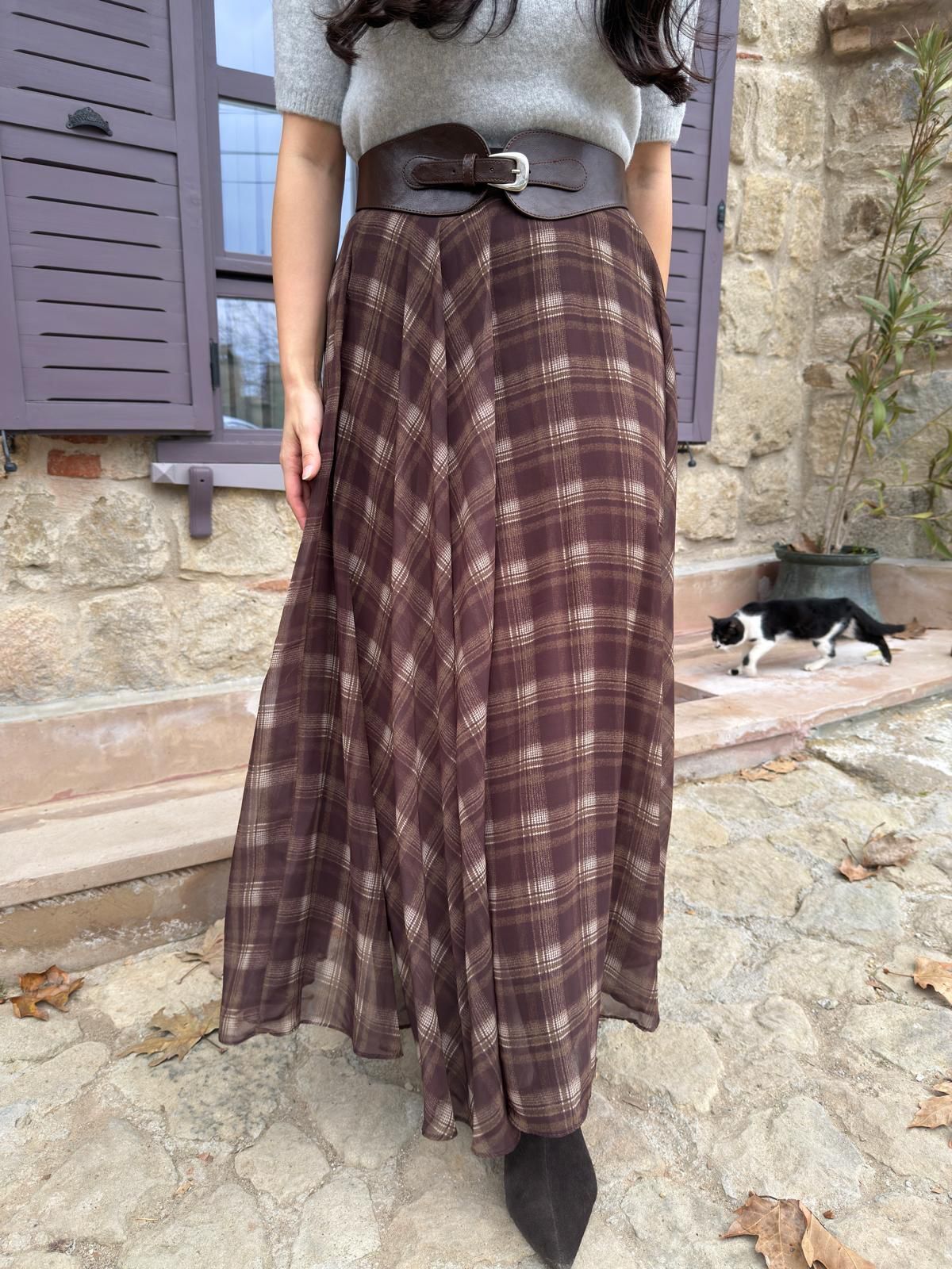 Ekoseli tül etek - kahverengi S - Kahverengi