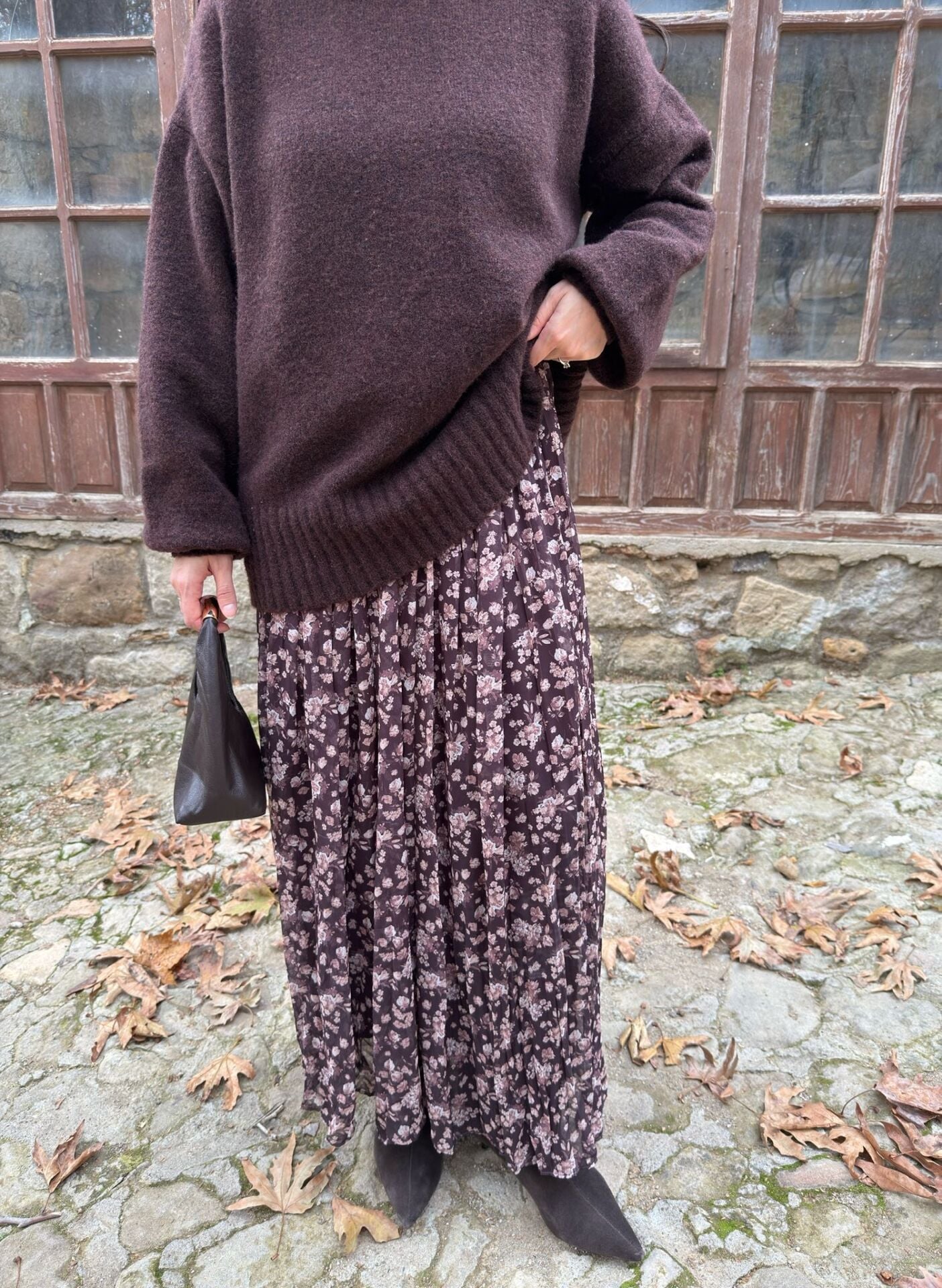 Kemerli Çicekli şifon etek - Kahverengi L - Kahverengi