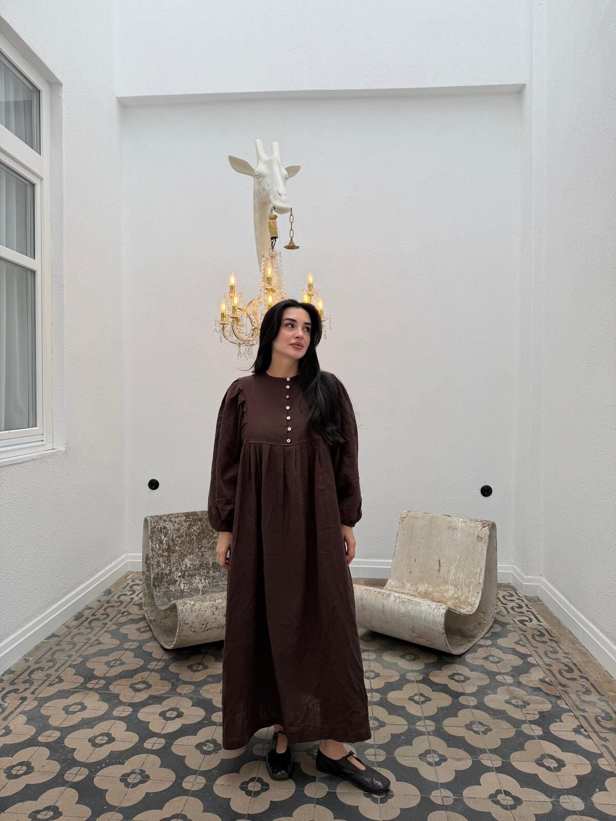 Yumuşak Dokulu Müslin Elbise L/XL - Kahverengi