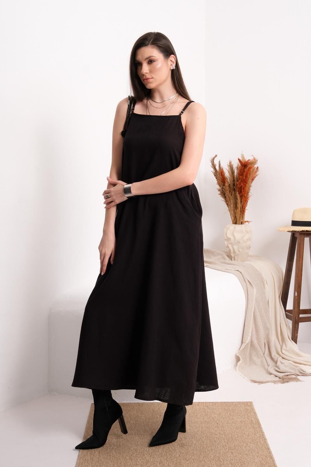 Keten Askılı Midi Elbise Siyah - XL