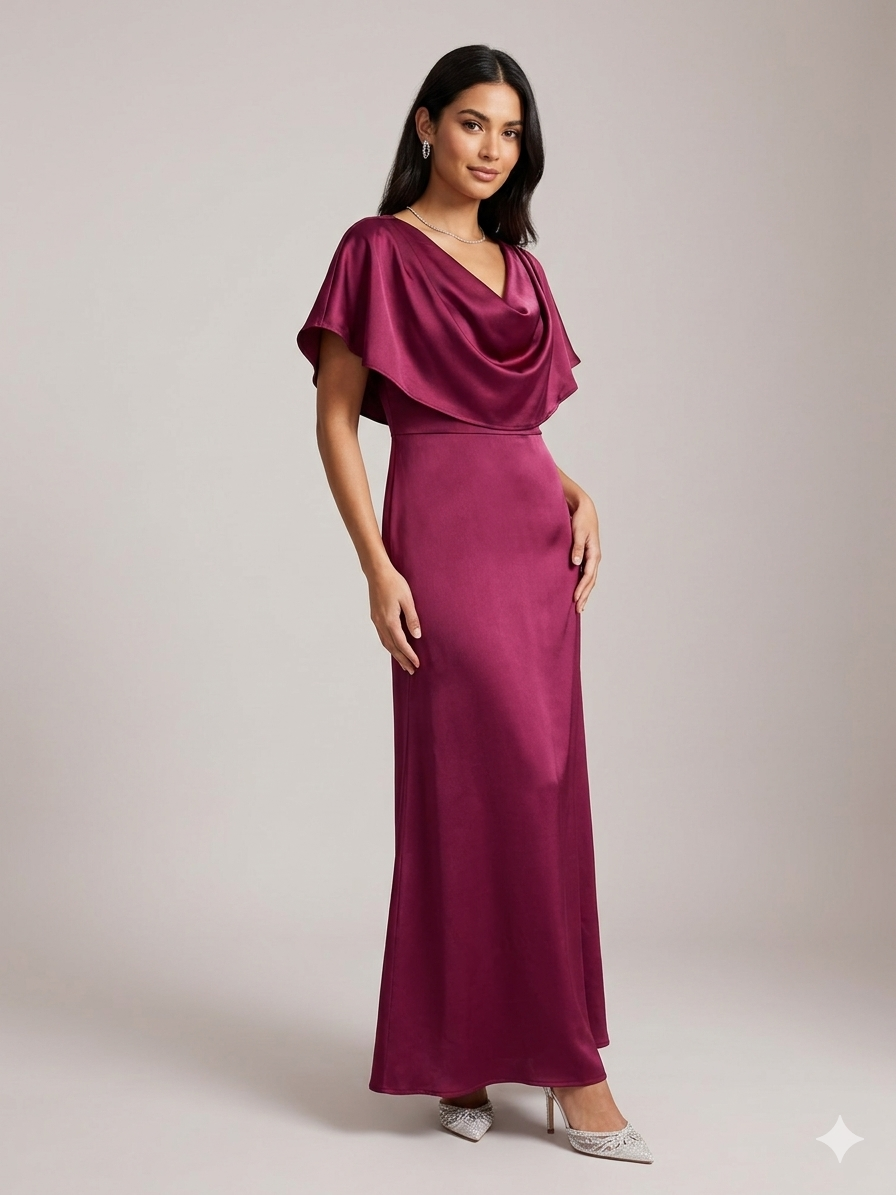 Luna Satin Drapeli Maxi Elbise – Bordo XL - Bordo